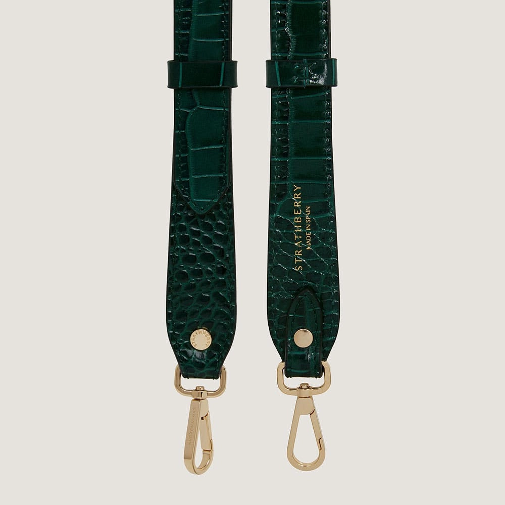 Adjustable Leather Strap - Croc-Embossed Leather Bottle Green