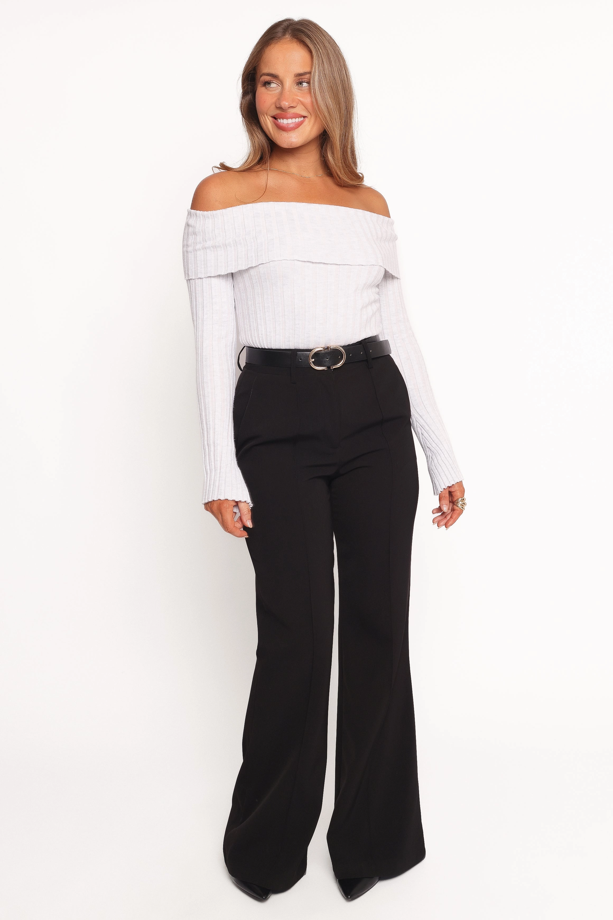 Anderson Wide Rib Off Shoulder Top - Pastel Grey