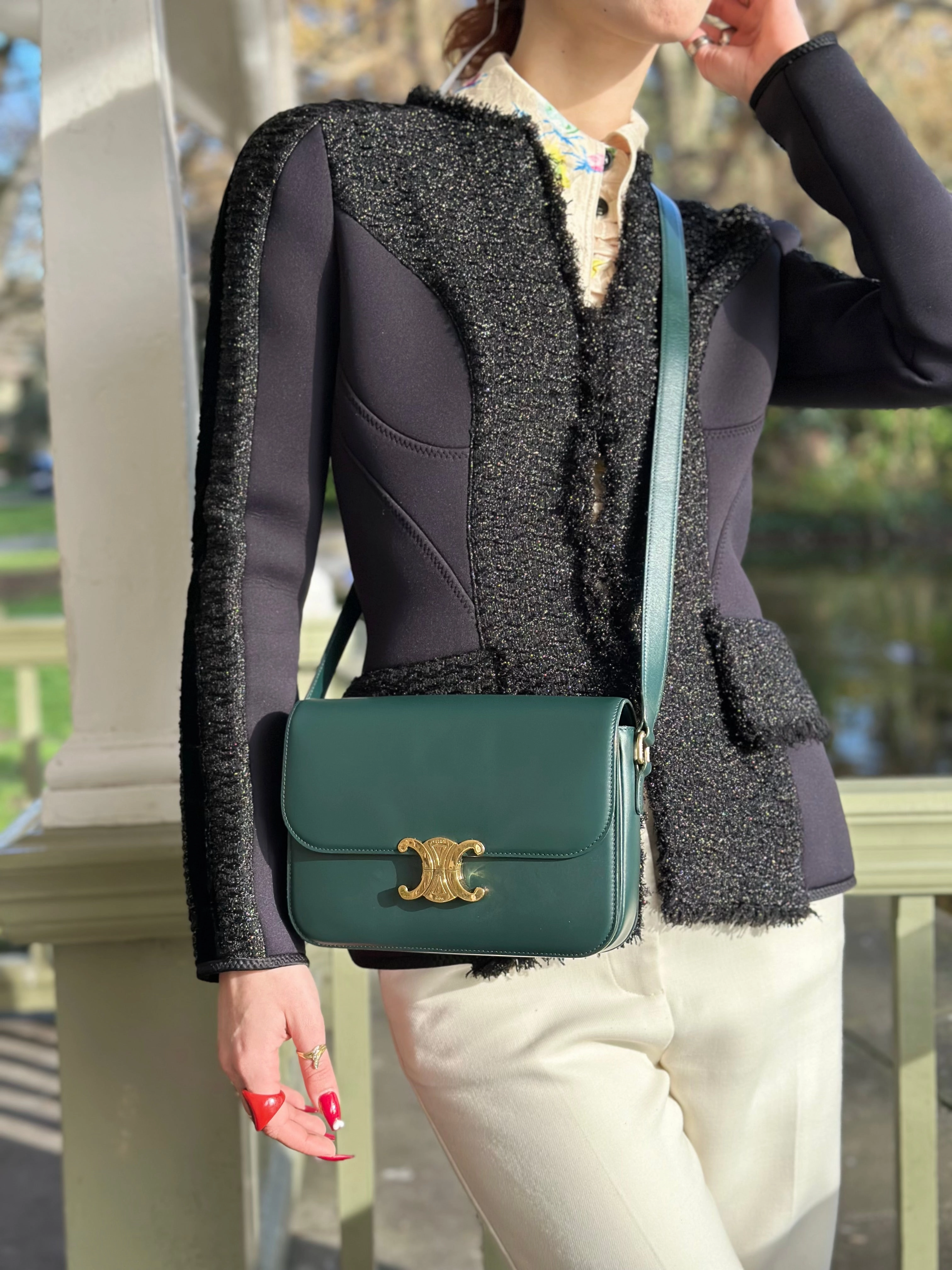 Celine Green Calf Leather Medium Triomphe Crossbody