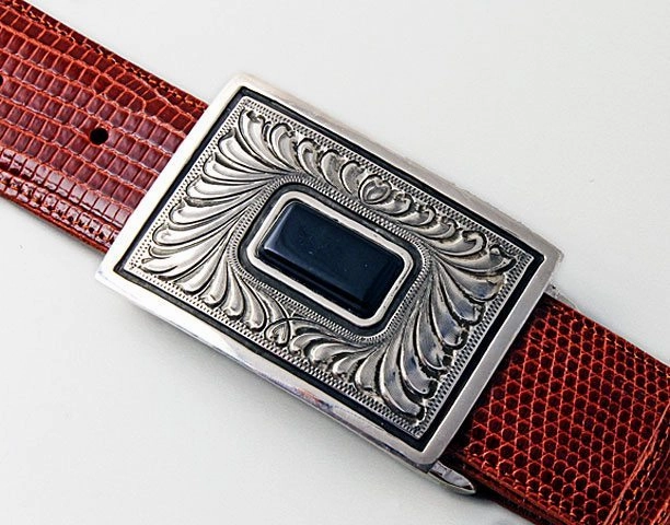 Chacon Montezuma Feather Engraved w/ Jade One Piece Buckle 1.5