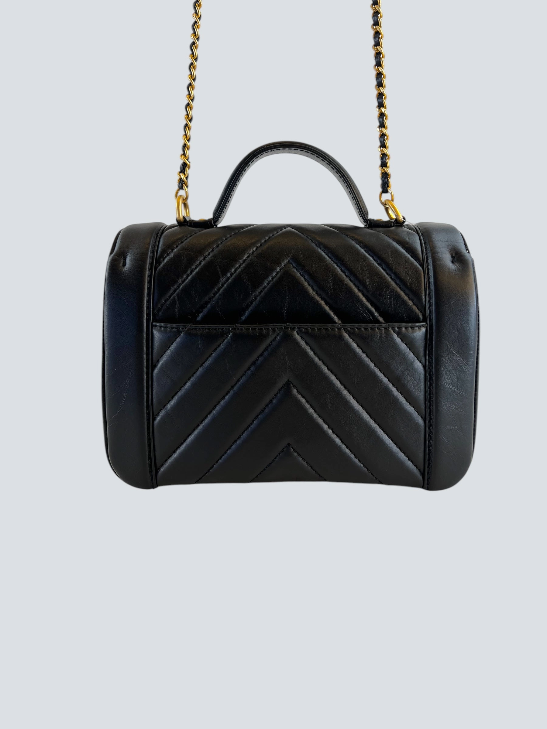 Chanel Black Calfskin Leather CC Chevron Flap  Handbag