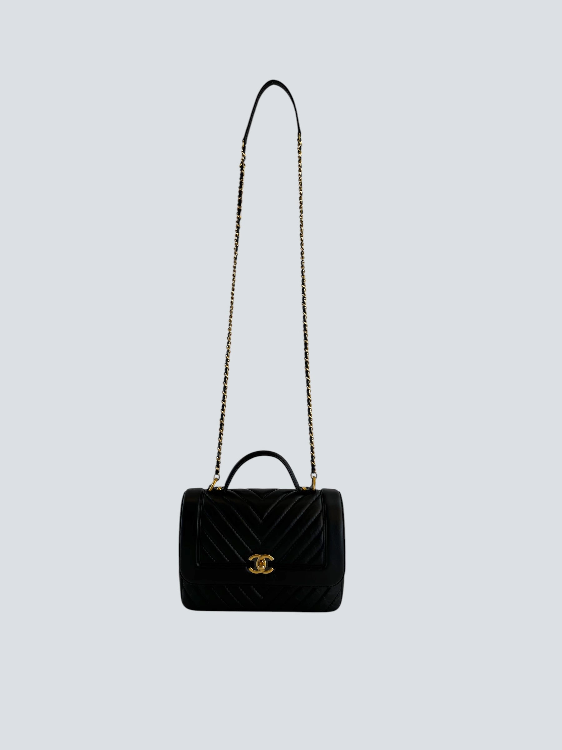 Chanel Black Calfskin Leather CC Chevron Flap  Handbag