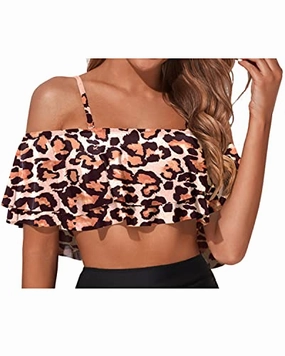 Cute Tiered Ruffled Swim Top Off Shoulder Swim Top-Leopard