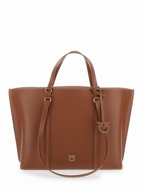 Grainy Leather Tote Bag With Logo Charm
