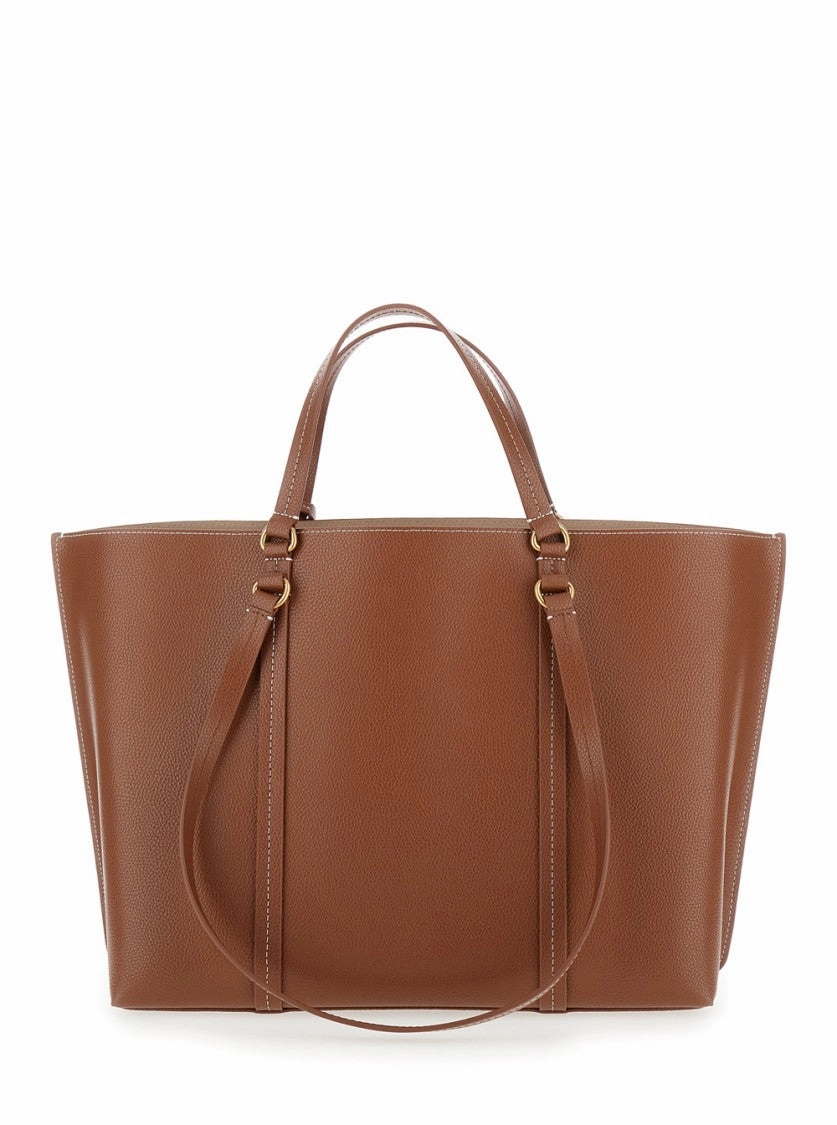 Grainy Leather Tote Bag With Logo Charm