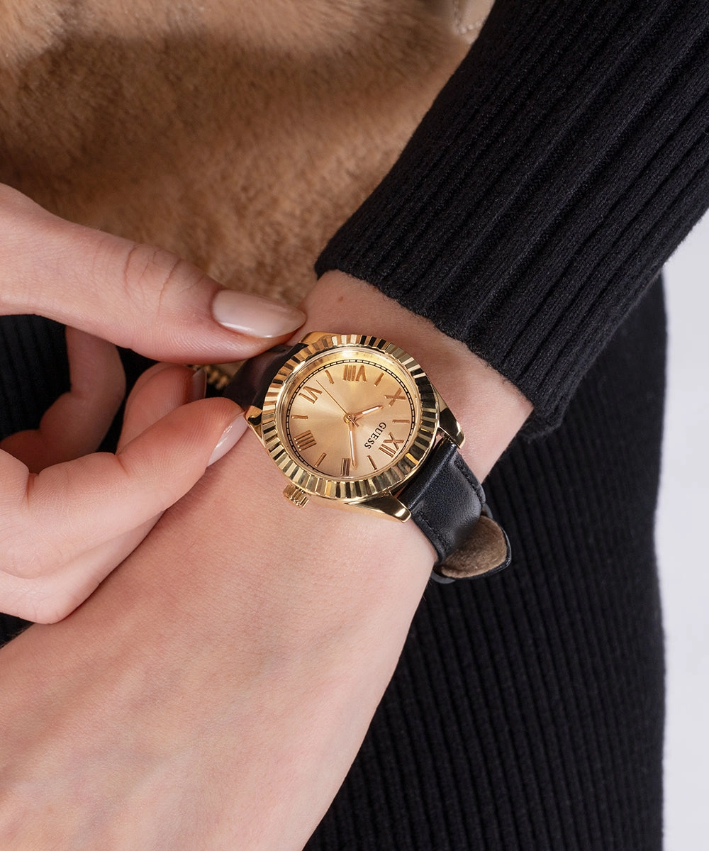 GUESS Mini Luna Ladies Black Gold Tone Analog Watch