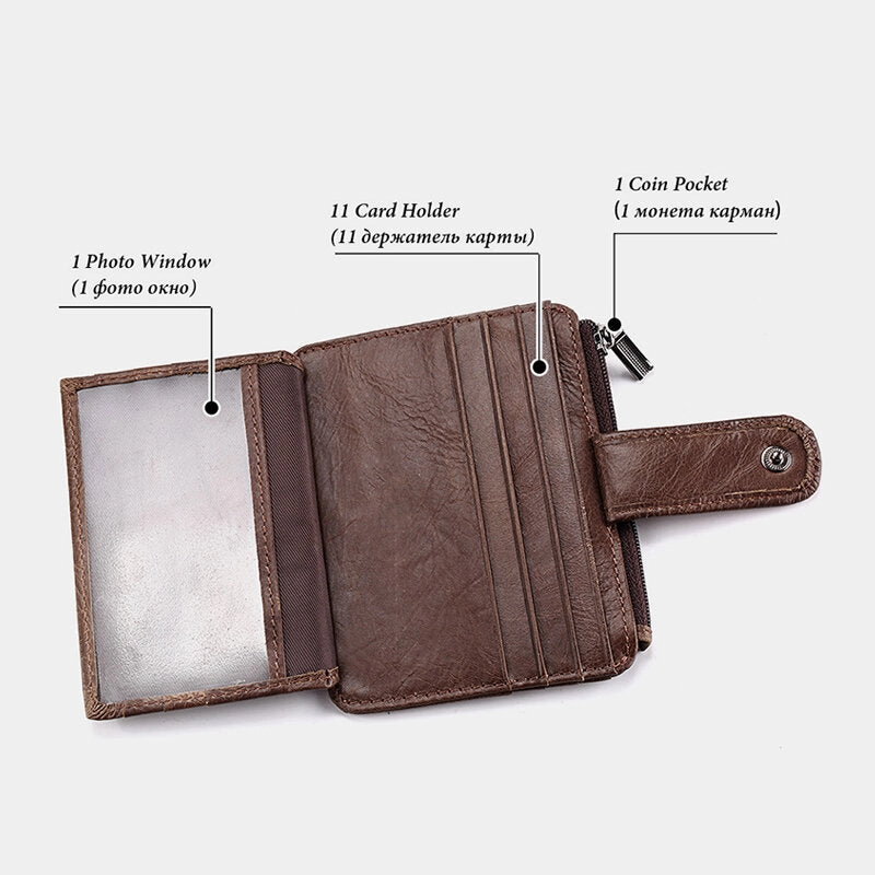Men Genuine Leather 11 Card Slot Card Holder Mini Zipper Coin Purse Clutch Wallets