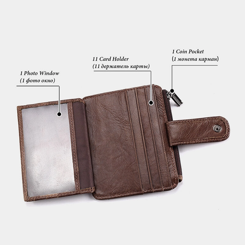 Men Genuine Leather 11 Card Slot Card Holder Mini Zipper Coin Purse Clutch Wallets