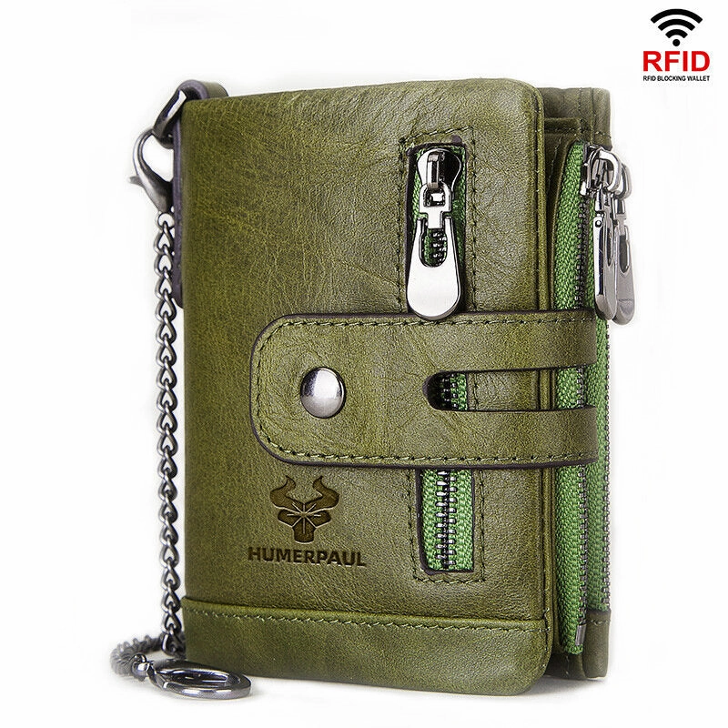 Men Genuine Leather RFID Anti-scanning Anti-Theft Zipper Wallet With Chain