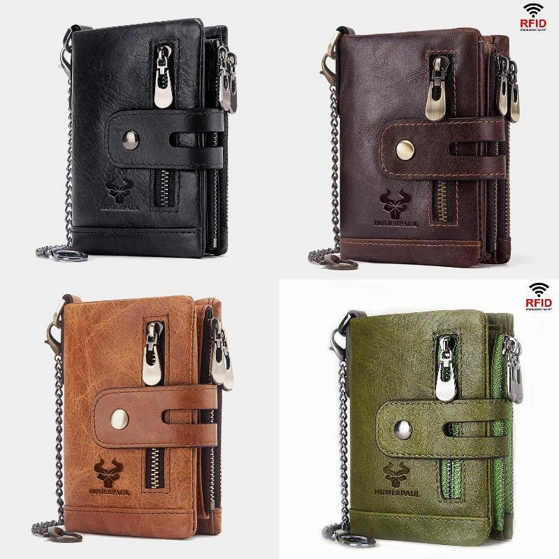 Men Genuine Leather RFID Anti-scanning Anti-Theft Zipper Wallet With Chain