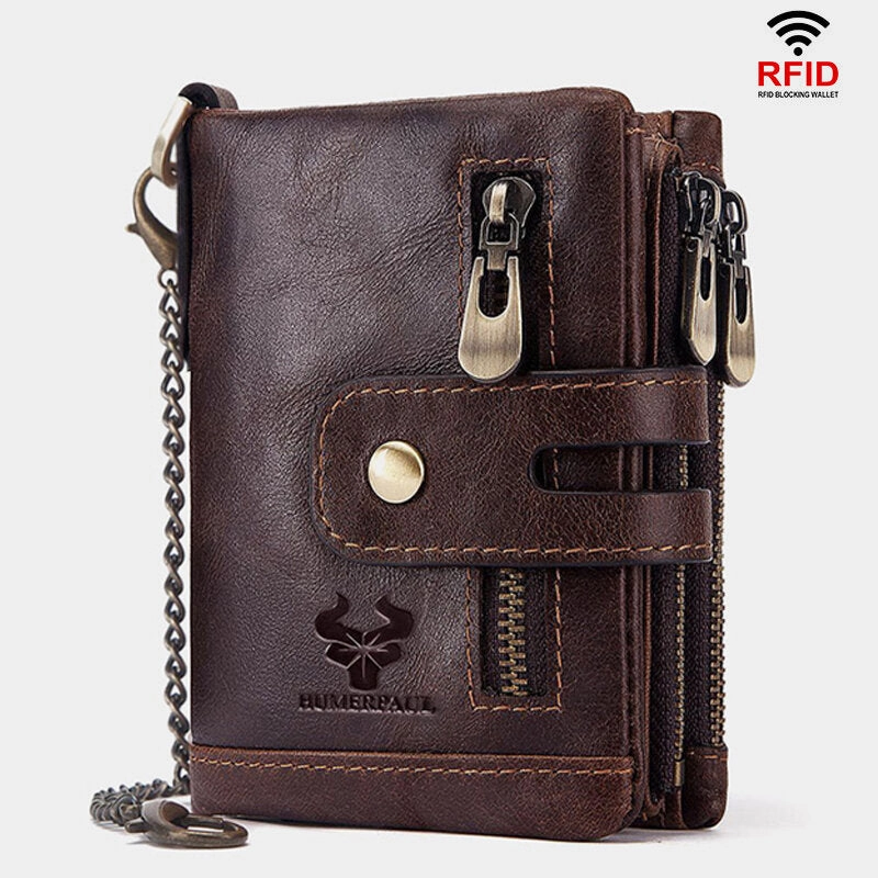 Men Genuine Leather RFID Anti-scanning Anti-Theft Zipper Wallet With Chain
