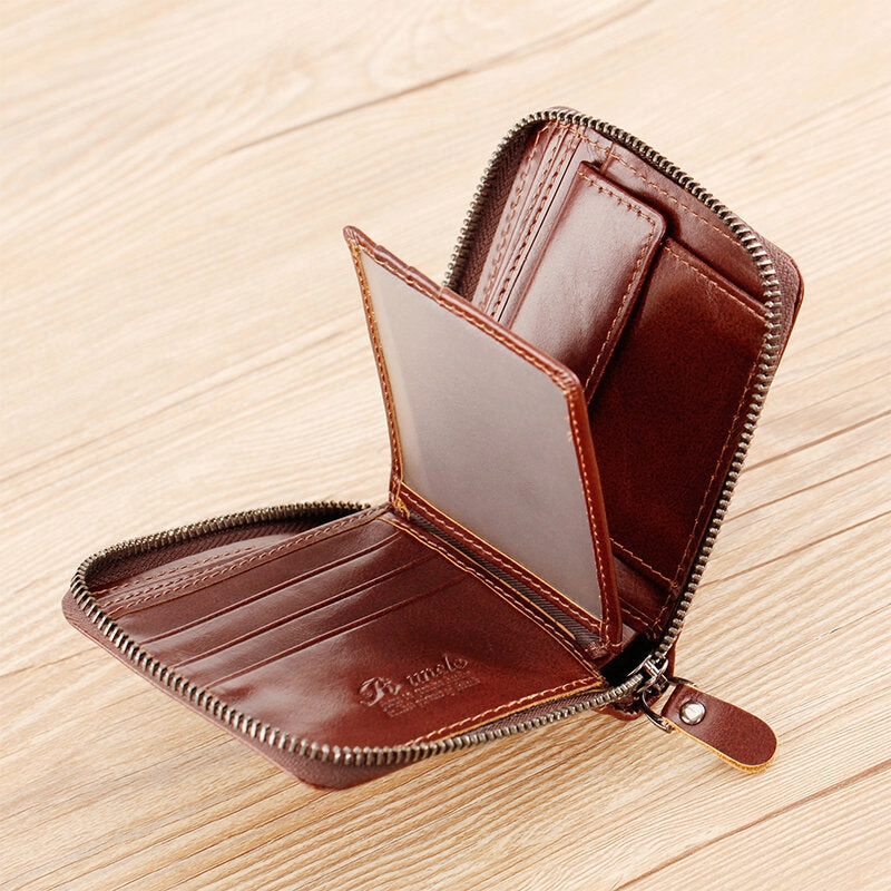 Men Mini Genuine Leather Zipper Wallet Bifold RFID Anti-theft Brush Short Money Clip Multi-card Slot Card Holder Coin Purse