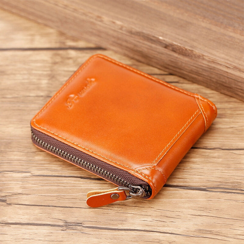 Men Mini Genuine Leather Zipper Wallet Bifold RFID Anti-theft Brush Short Money Clip Multi-card Slot Card Holder Coin Purse