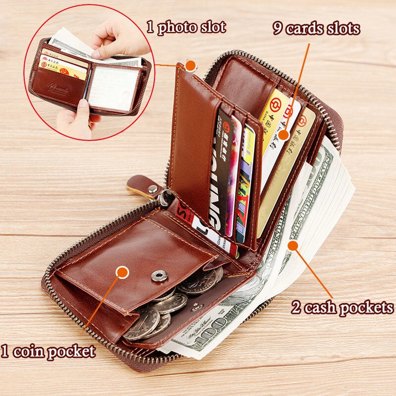Men Mini Genuine Leather Zipper Wallet Bifold RFID Anti-theft Brush Short Money Clip Multi-card Slot Card Holder Coin Purse
