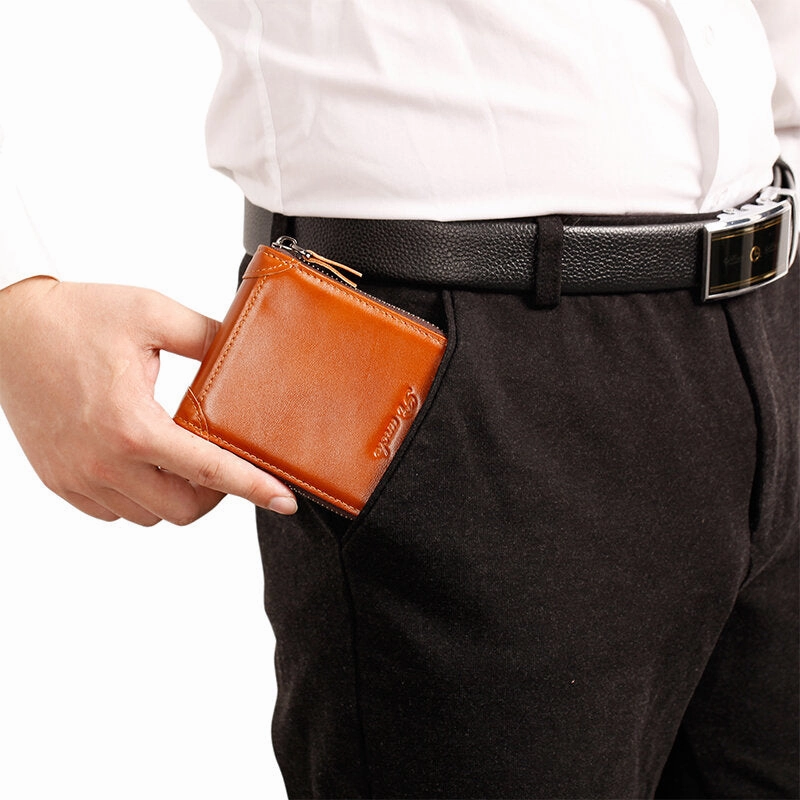 Men Mini Genuine Leather Zipper Wallet Bifold RFID Anti-theft Brush Short Money Clip Multi-card Slot Card Holder Coin Purse