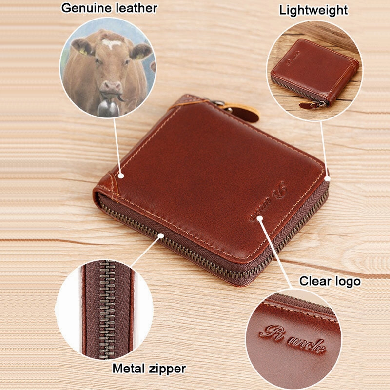 Men Mini Genuine Leather Zipper Wallet Bifold RFID Anti-theft Brush Short Money Clip Multi-card Slot Card Holder Coin Purse