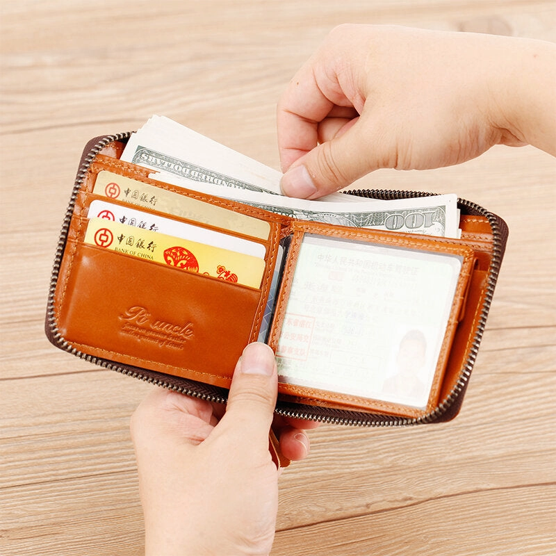 Men Mini Genuine Leather Zipper Wallet Bifold RFID Anti-theft Brush Short Money Clip Multi-card Slot Card Holder Coin Purse