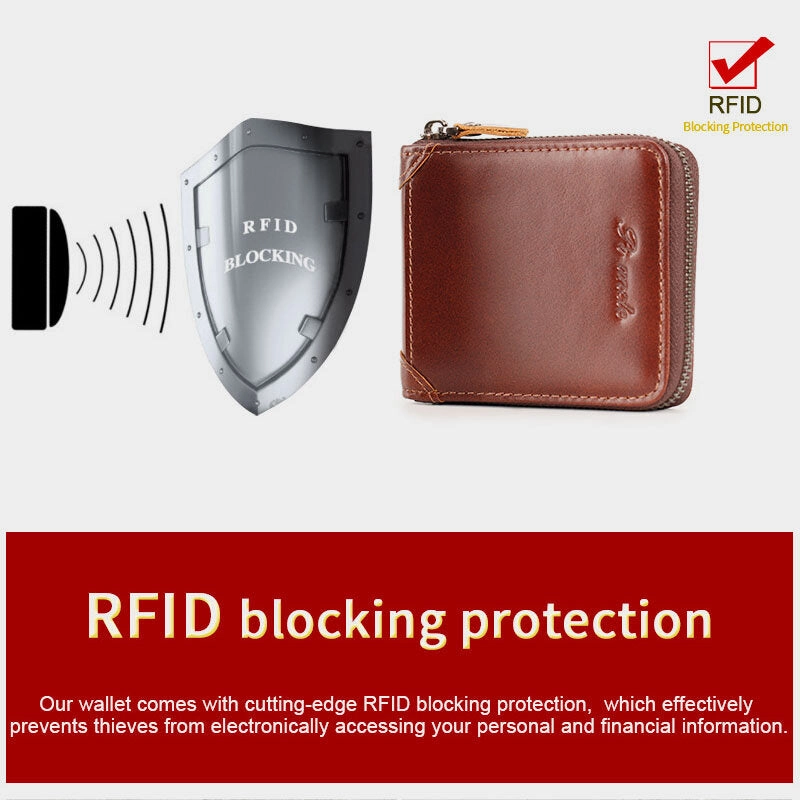 Men Mini Genuine Leather Zipper Wallet Bifold RFID Anti-theft Brush Short Money Clip Multi-card Slot Card Holder Coin Purse