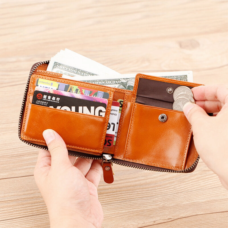 Men Mini Genuine Leather Zipper Wallet Bifold RFID Anti-theft Brush Short Money Clip Multi-card Slot Card Holder Coin Purse