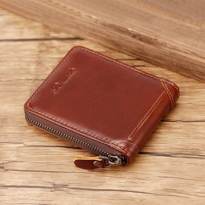 Men Mini Genuine Leather Zipper Wallet Bifold RFID Anti-theft Brush Short Money Clip Multi-card Slot Card Holder Coin Purse