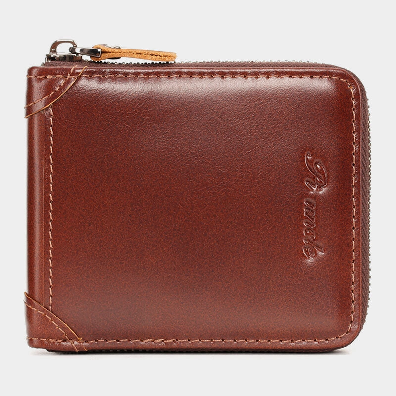 Men Mini Genuine Leather Zipper Wallet Bifold RFID Anti-theft Brush Short Money Clip Multi-card Slot Card Holder Coin Purse