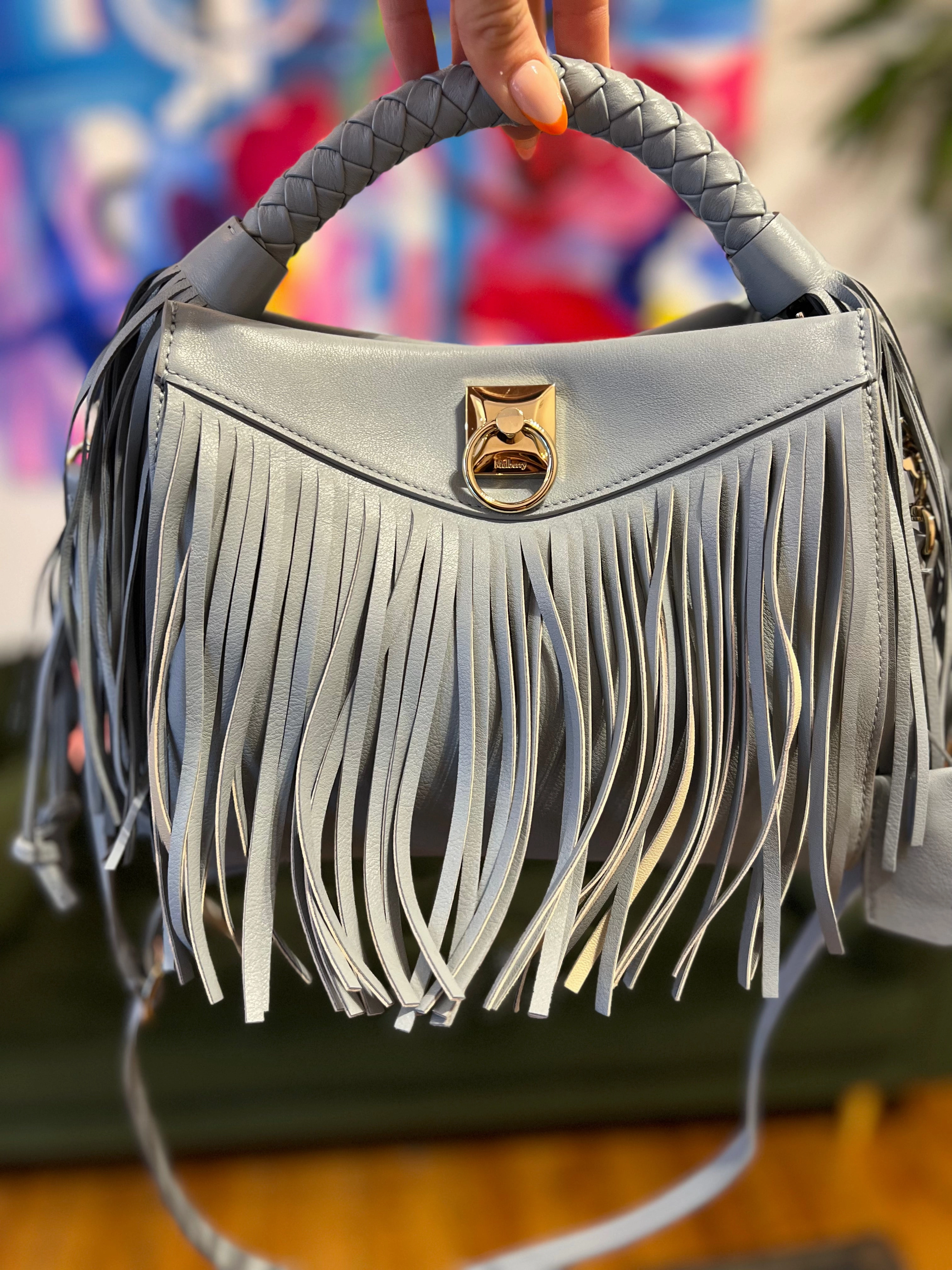 Mulberry Blue Leather Iris Fringed Shoulder Bag