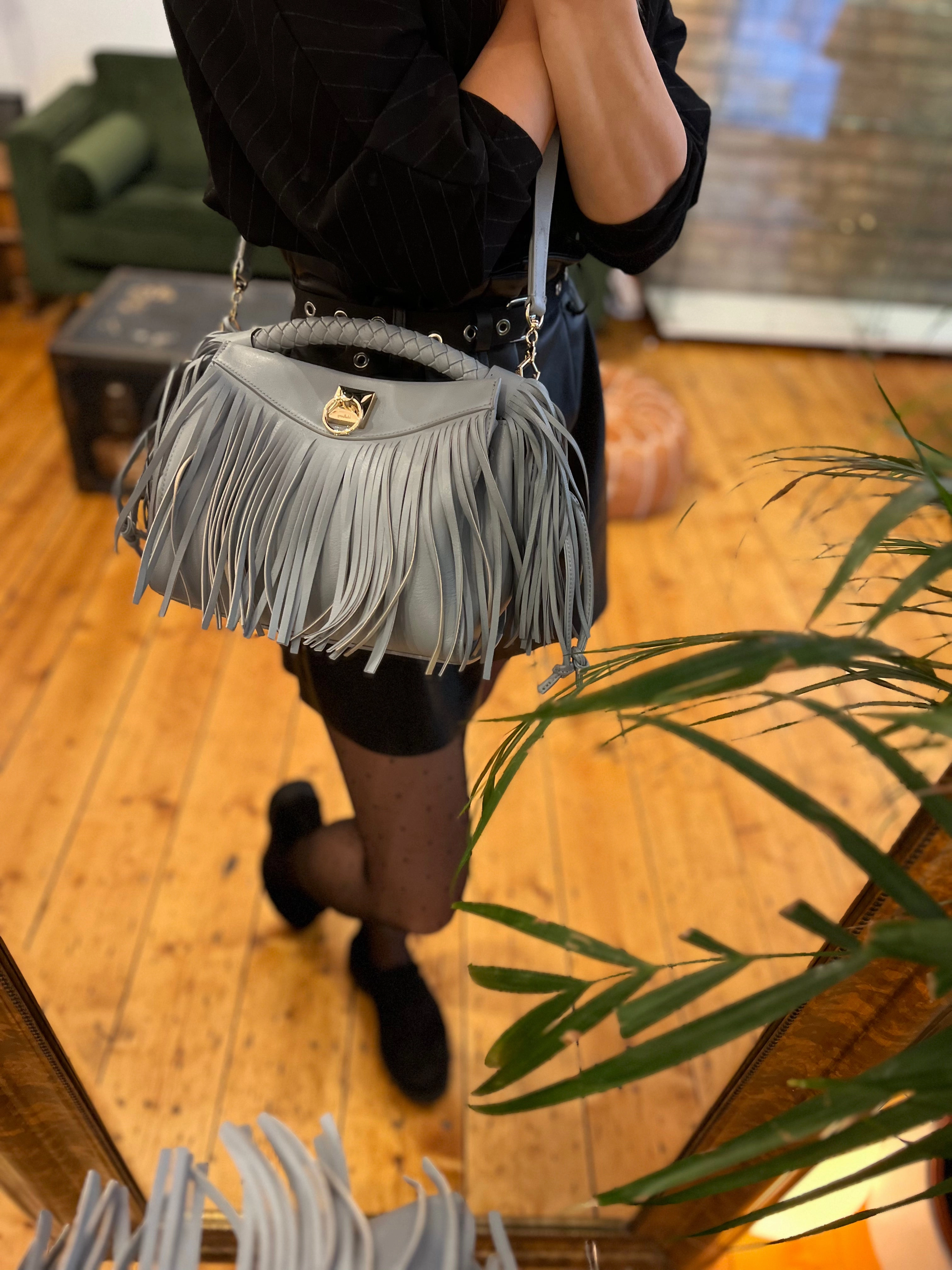 Mulberry Blue Leather Iris Fringed Shoulder Bag