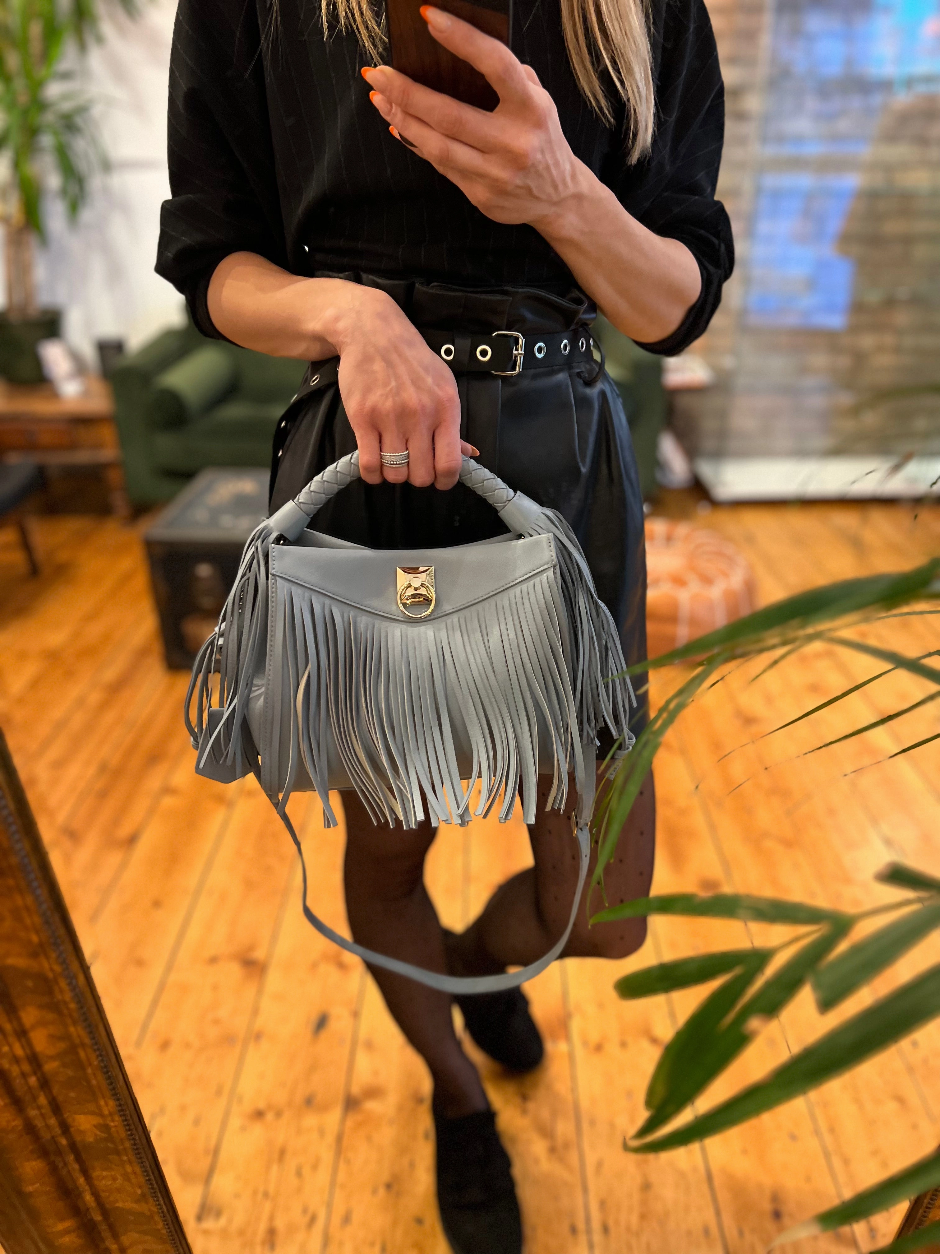 Mulberry Blue Leather Iris Fringed Shoulder Bag