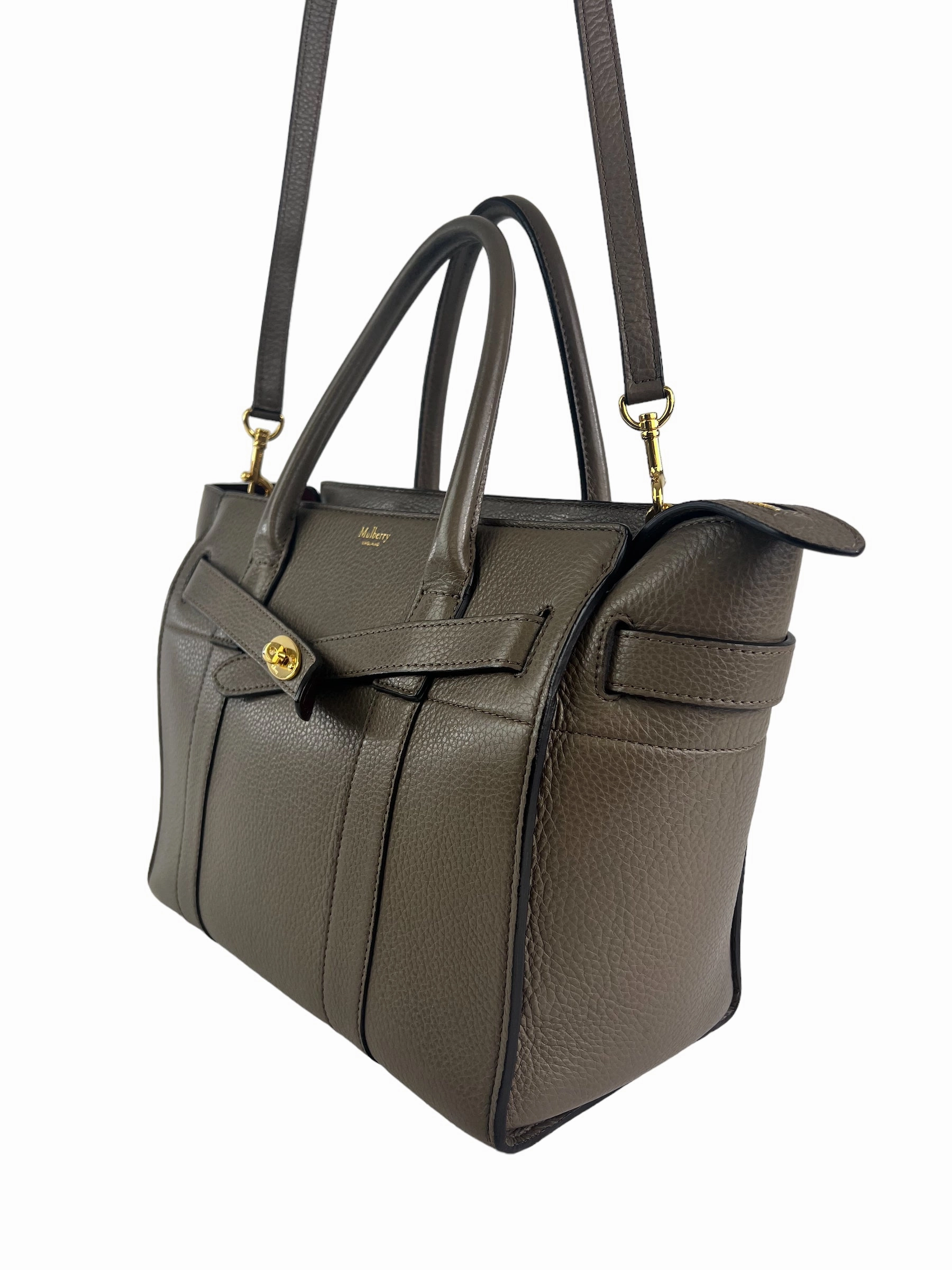 Mulberry Taupe Grey Leather Zipped Bayswater Tote with Shoulder Strap