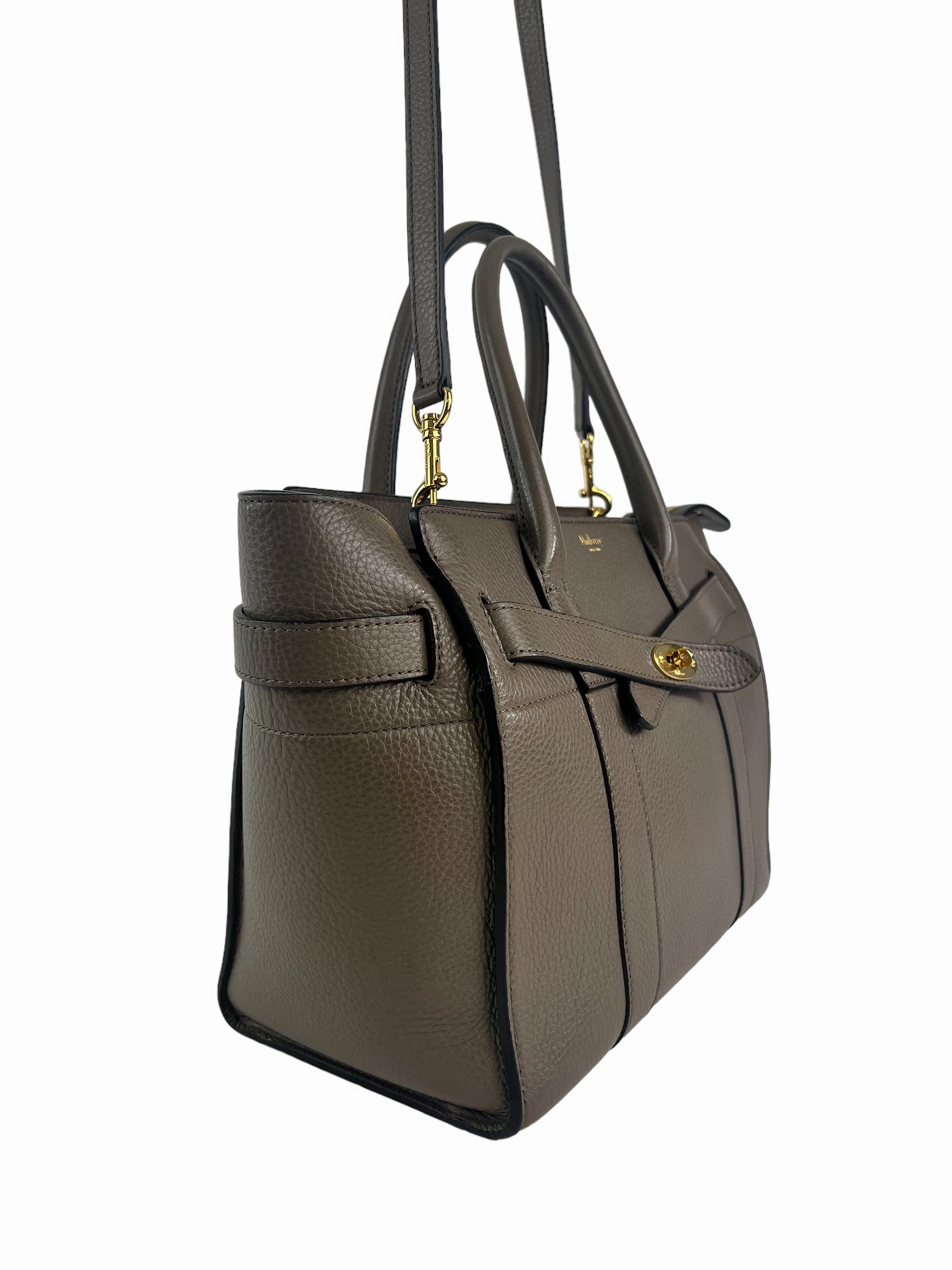 Mulberry Taupe Grey Leather Zipped Bayswater Tote with Shoulder Strap
