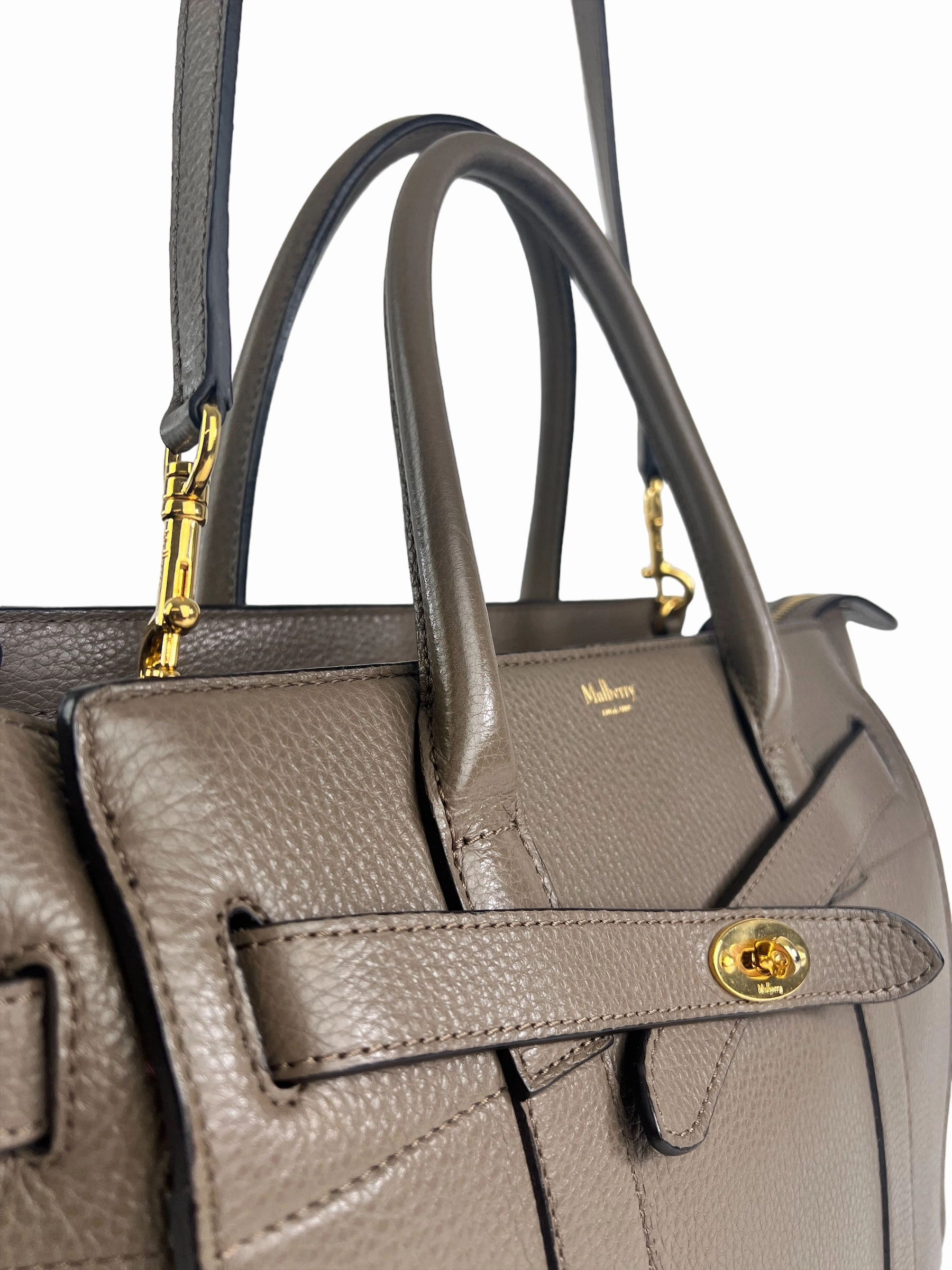 Mulberry Taupe Grey Leather Zipped Bayswater Tote with Shoulder Strap