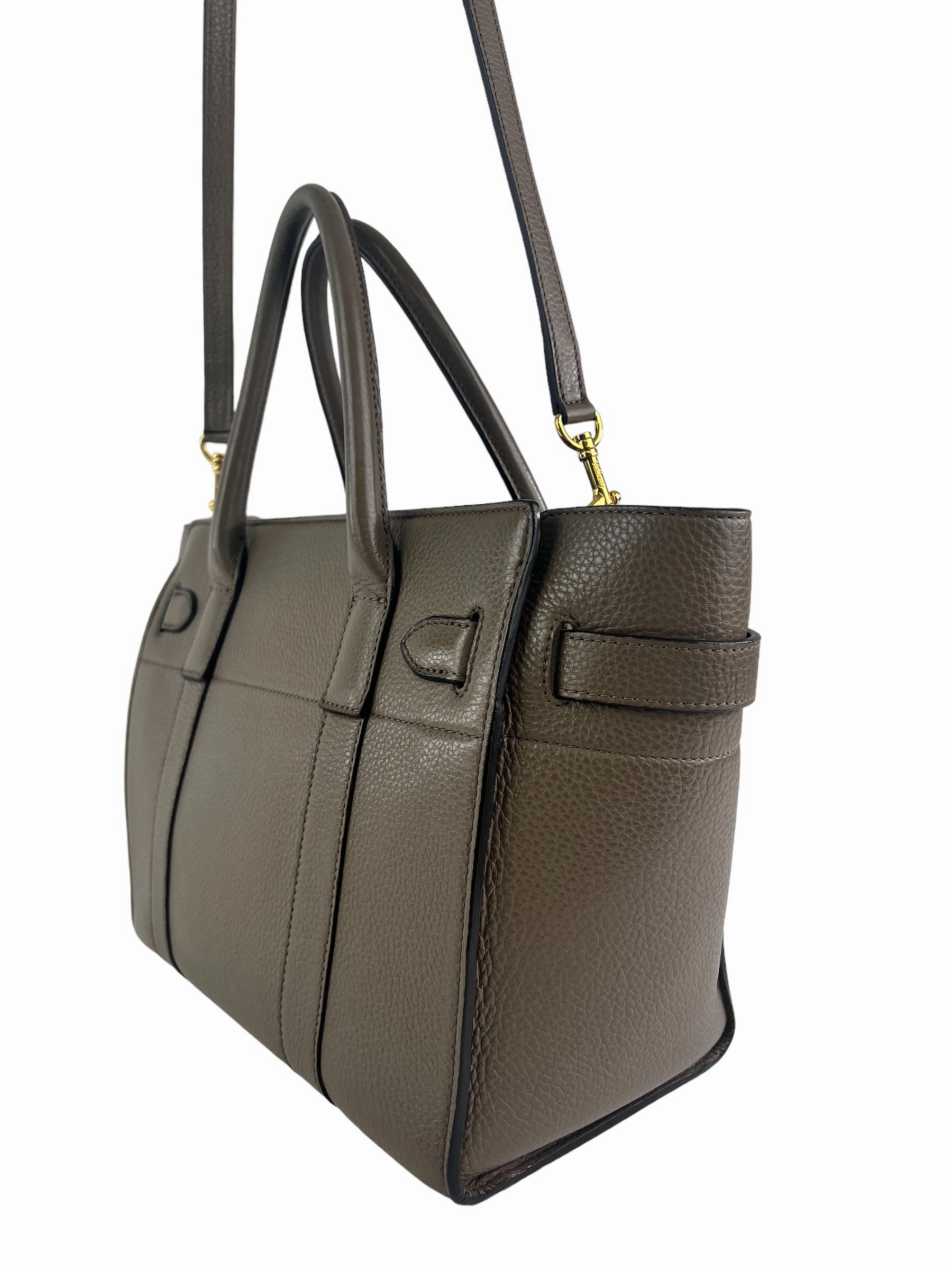 Mulberry Taupe Grey Leather Zipped Bayswater Tote with Shoulder Strap