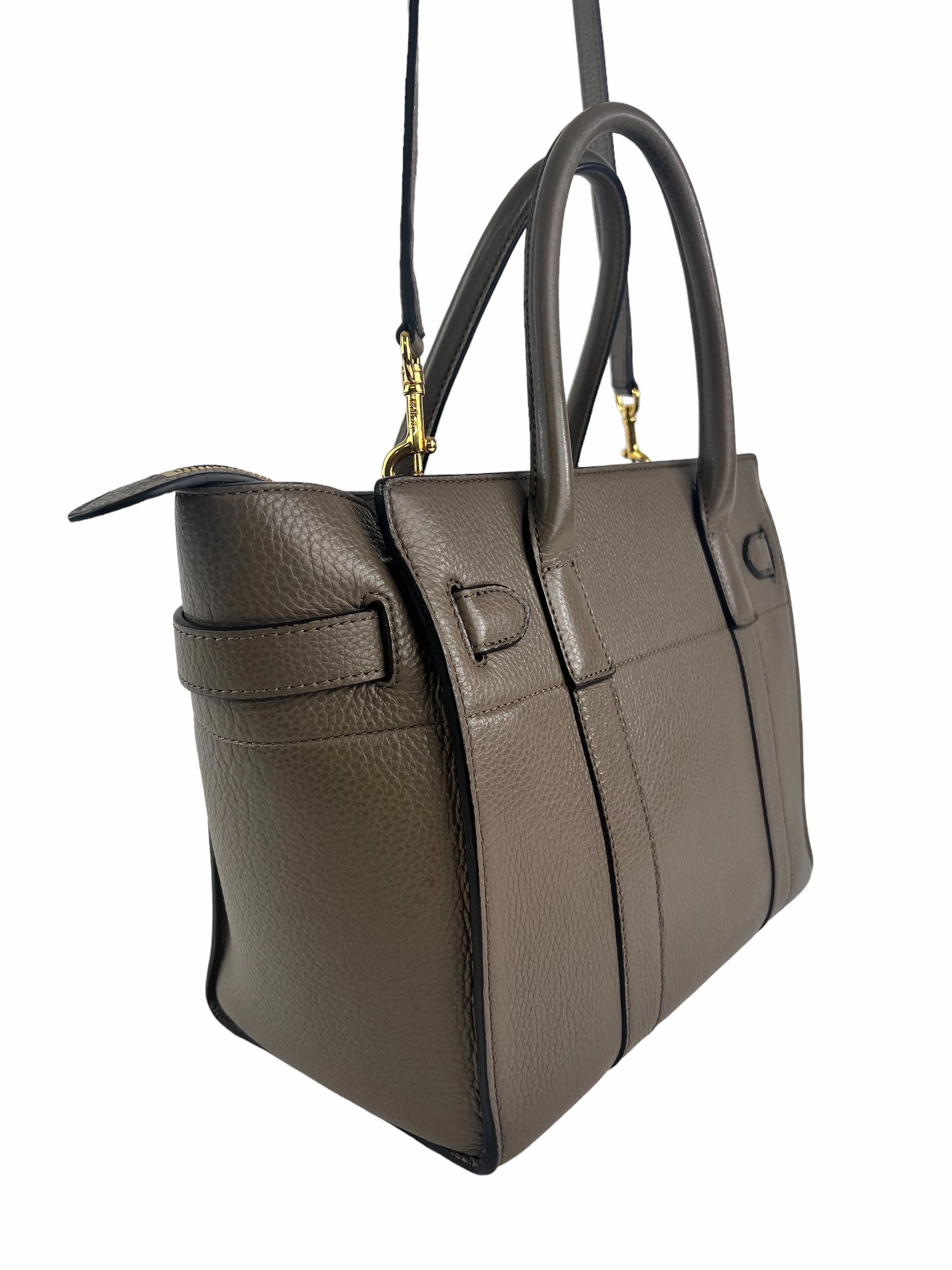 Mulberry Taupe Grey Leather Zipped Bayswater Tote with Shoulder Strap