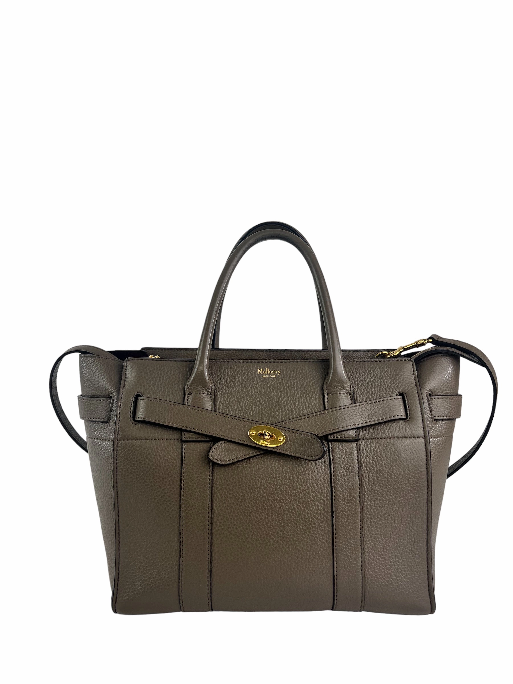 Mulberry Taupe Grey Leather Zipped Bayswater Tote with Shoulder Strap