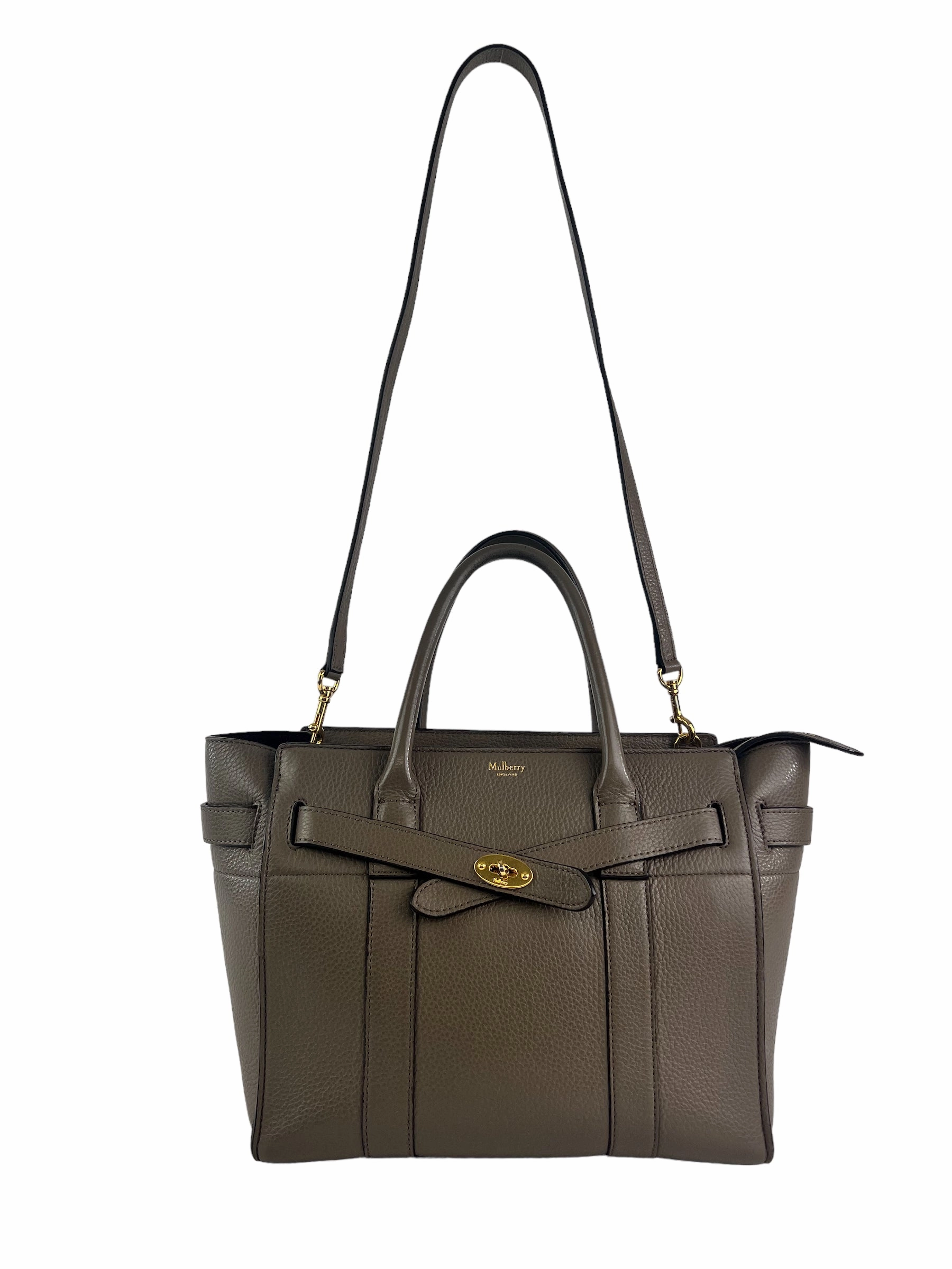 Mulberry Taupe Grey Leather Zipped Bayswater Tote with Shoulder Strap