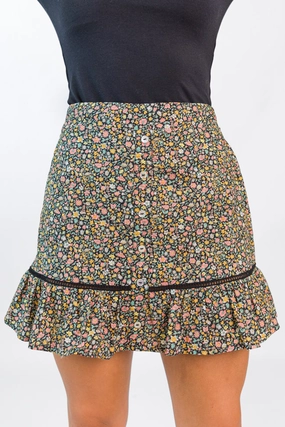 What's The Tea Black Button Front Floral Mini Skort FINAL SALE